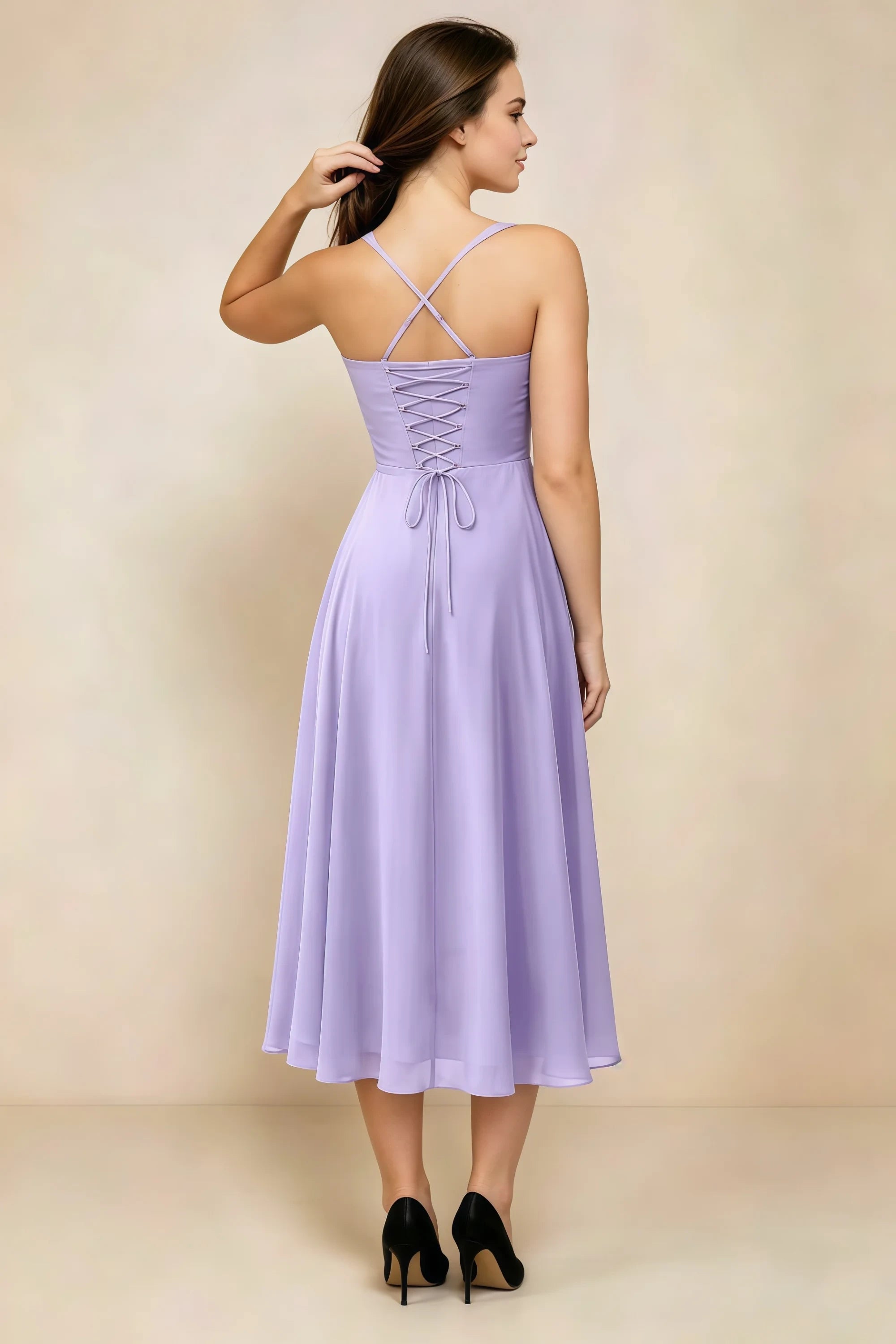 Alessandra Lilac Chiffon Sweetheart Lace-Up Midi Dress Secondary image