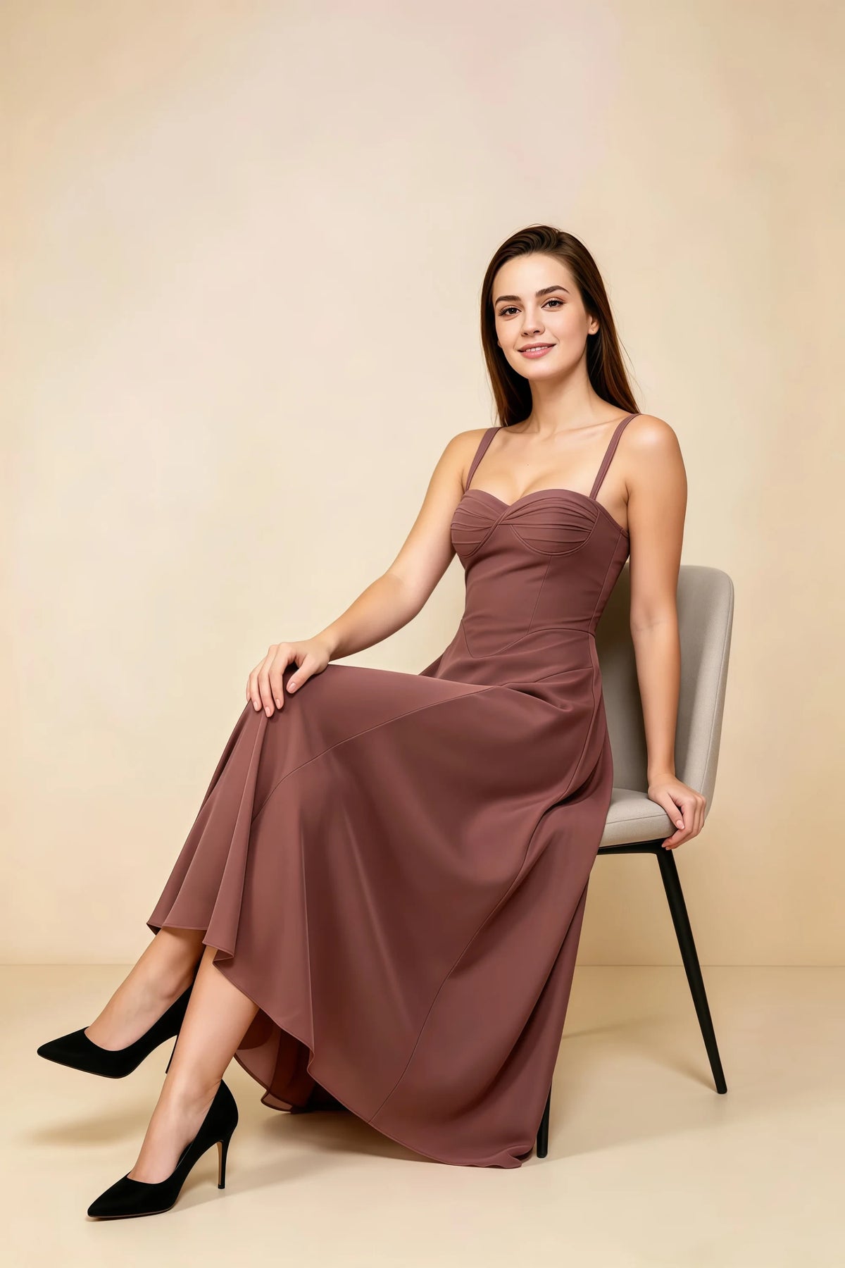 Alessandra Mocha Chiffon Sweetheart Lace-Up Midi Dress Main image