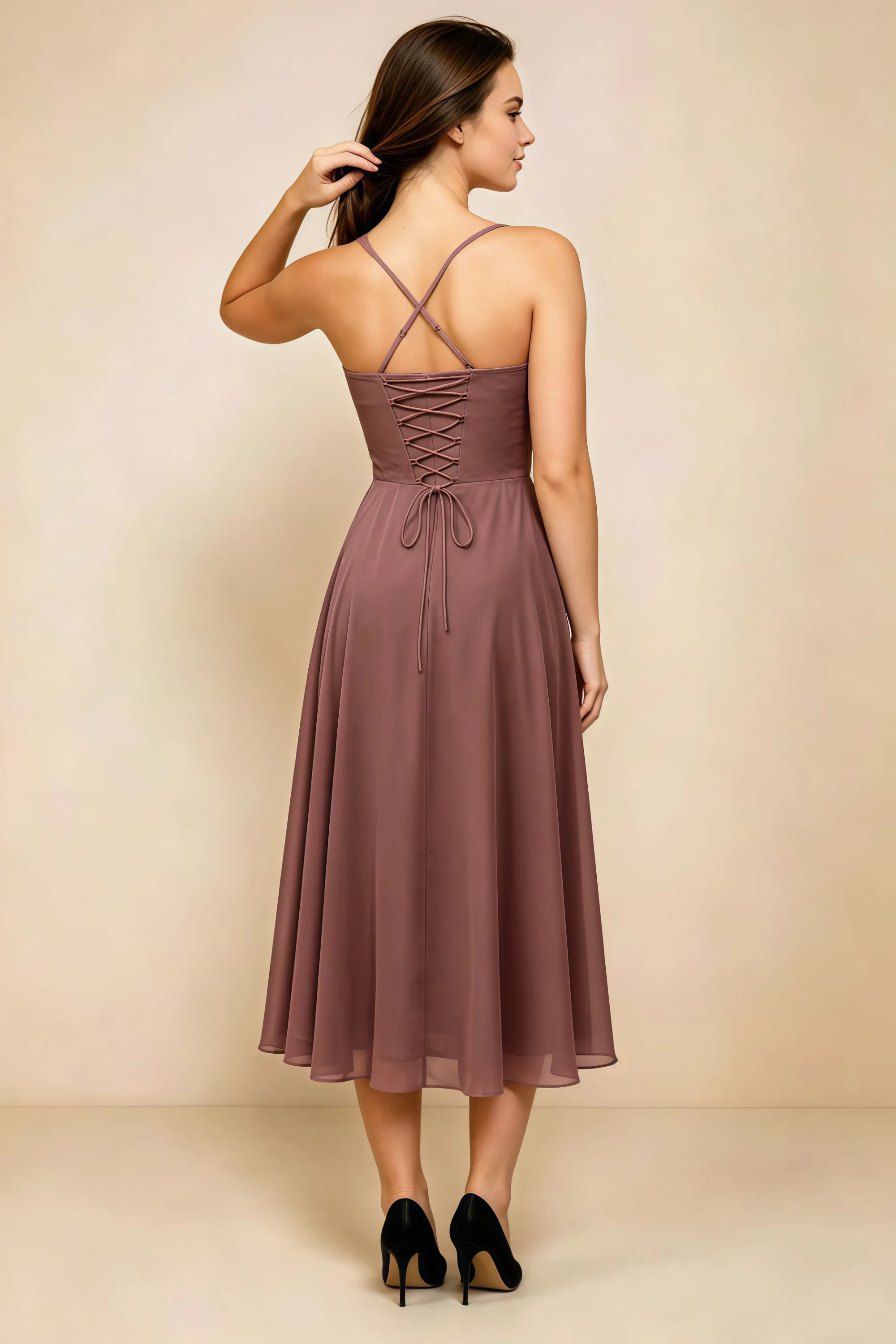 Alessandra Mocha Chiffon Sweetheart Lace-Up Midi Dress Secondary image
