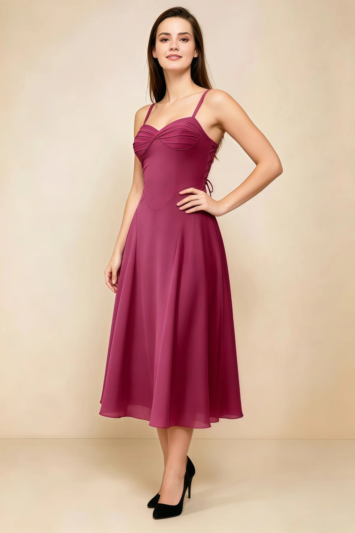 Alessandra Mulberry Chiffon Sweetheart Lace-Up Midi Dress Main image