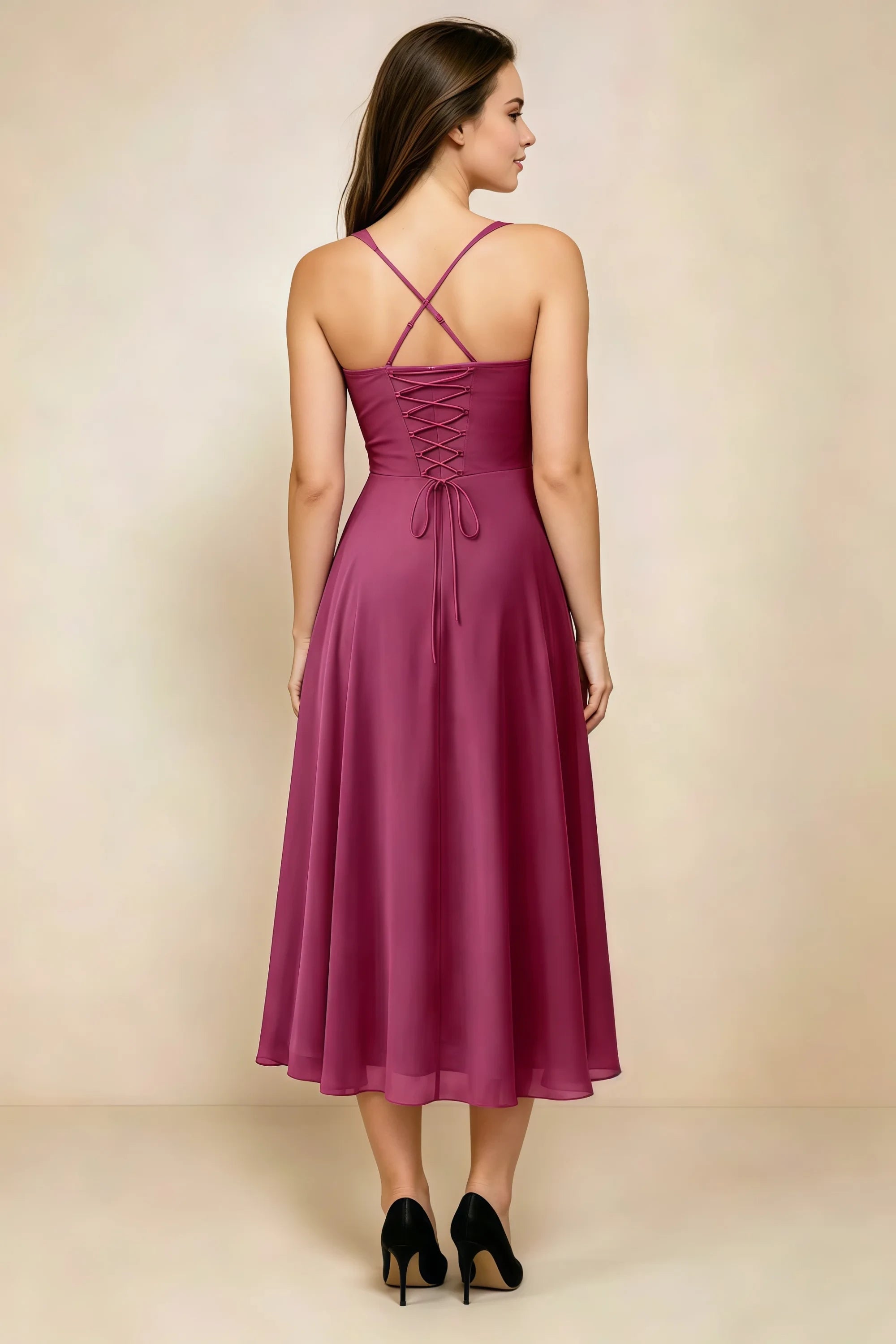 Alessandra Mulberry Chiffon Sweetheart Lace-Up Midi Dress Secondary image