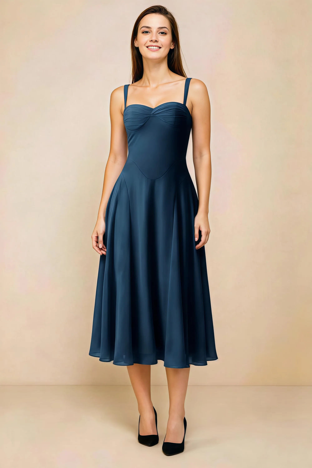 Translation missing: en.Front view of the LVLVS Alessandra navy midi dress, showing the gathered sweetheart neckline, shoulder straps and flared skirt. content.product_image_main