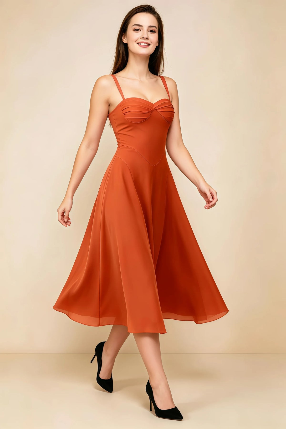 Alessandra Rust Chiffon Sweetheart Lace-Up Midi Dress Main image