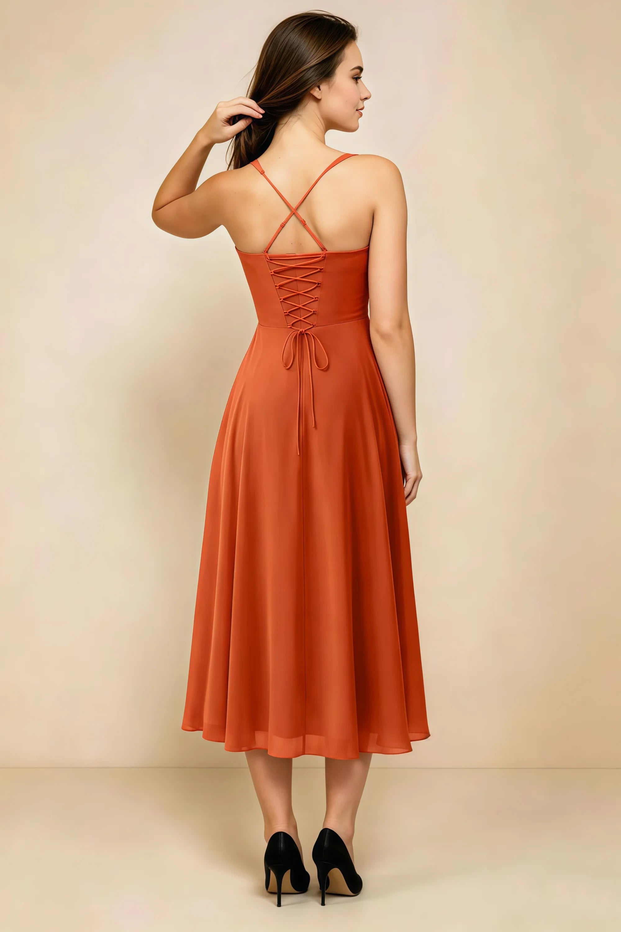 Alessandra Rust Chiffon Sweetheart Lace-Up Midi Dress Secondary image