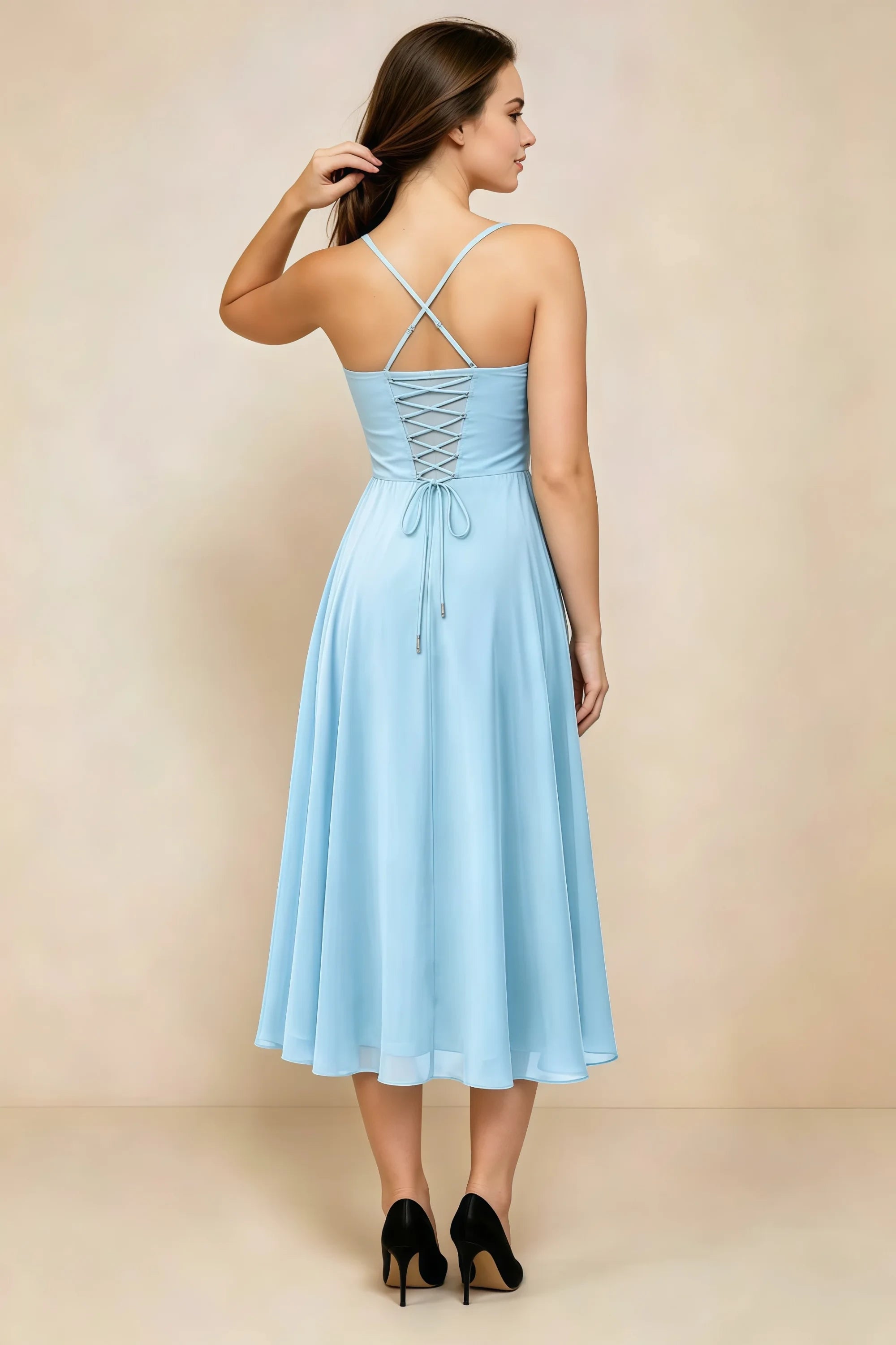 Alessandra Sky Blue Chiffon Sweetheart Lace-Up Midi Dress Secondary image