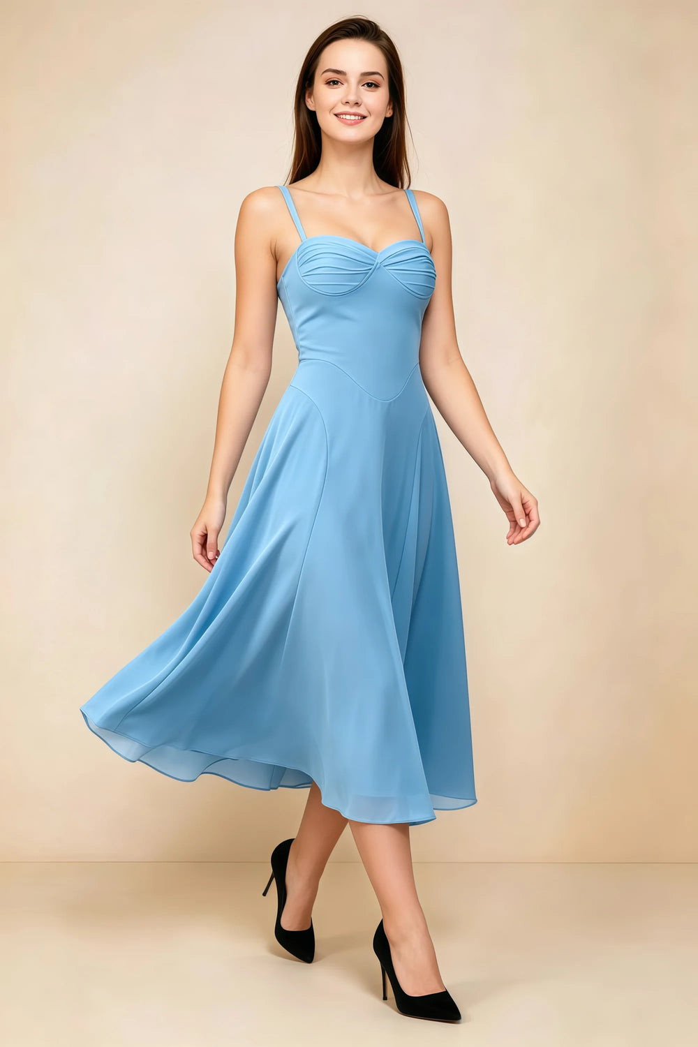 Translation missing: en.Front view of the LVLVS Alessandra steel blue midi dress, showing the gathered sweetheart neckline, shoulder straps and flared skirt. content.product_image_main