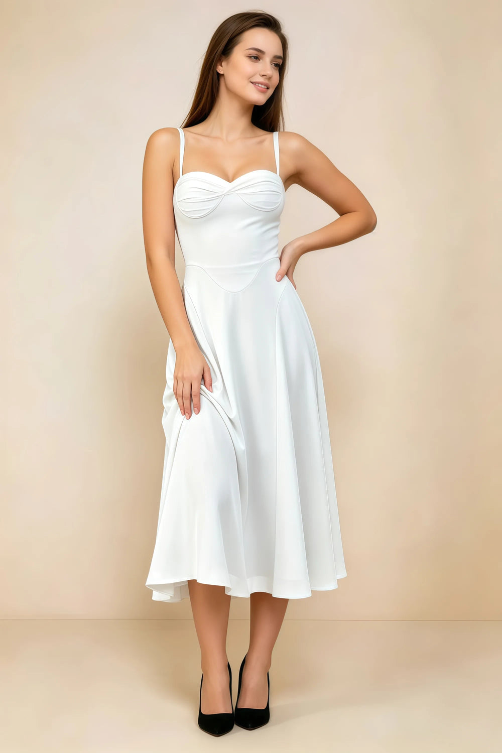 Translation missing: en.Front view of the LVLVS Alessandra white midi dress, showing the gathered sweetheart neckline, shoulder straps and flared skirt. content.product_image_main