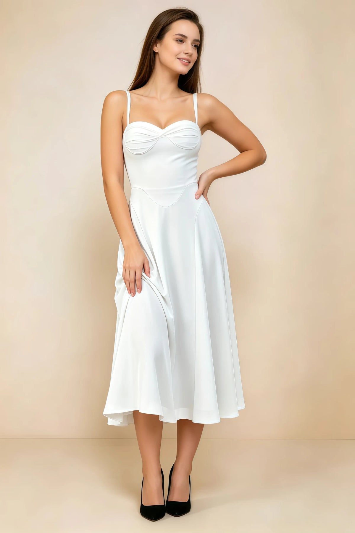 Alessandra White Chiffon Sweetheart Lace-Up Midi Dress Main image