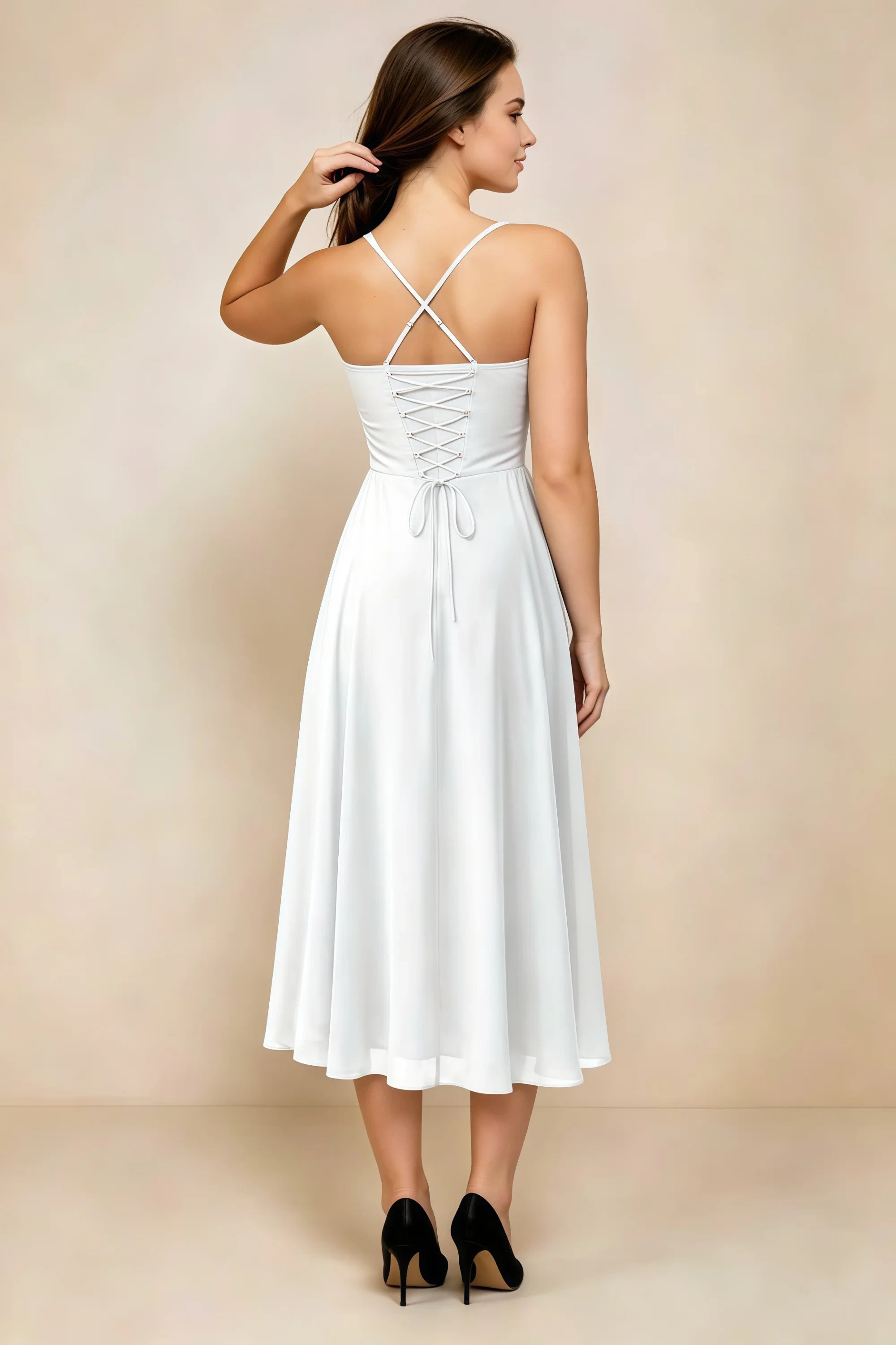 Alessandra White Chiffon Sweetheart Lace-Up Midi Dress Secondary image