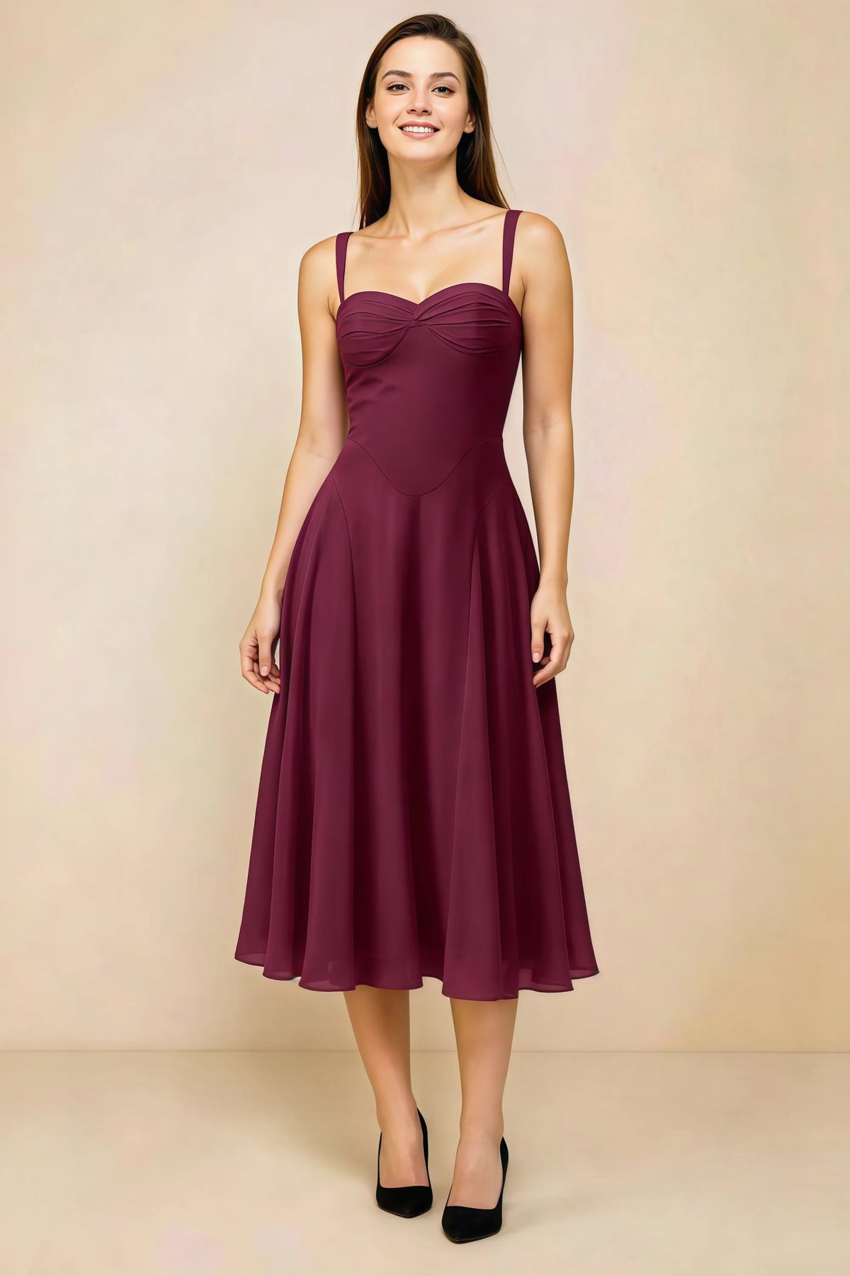 Alessandra Wine Chiffon Sweetheart Lace-Up Midi Dress Main image