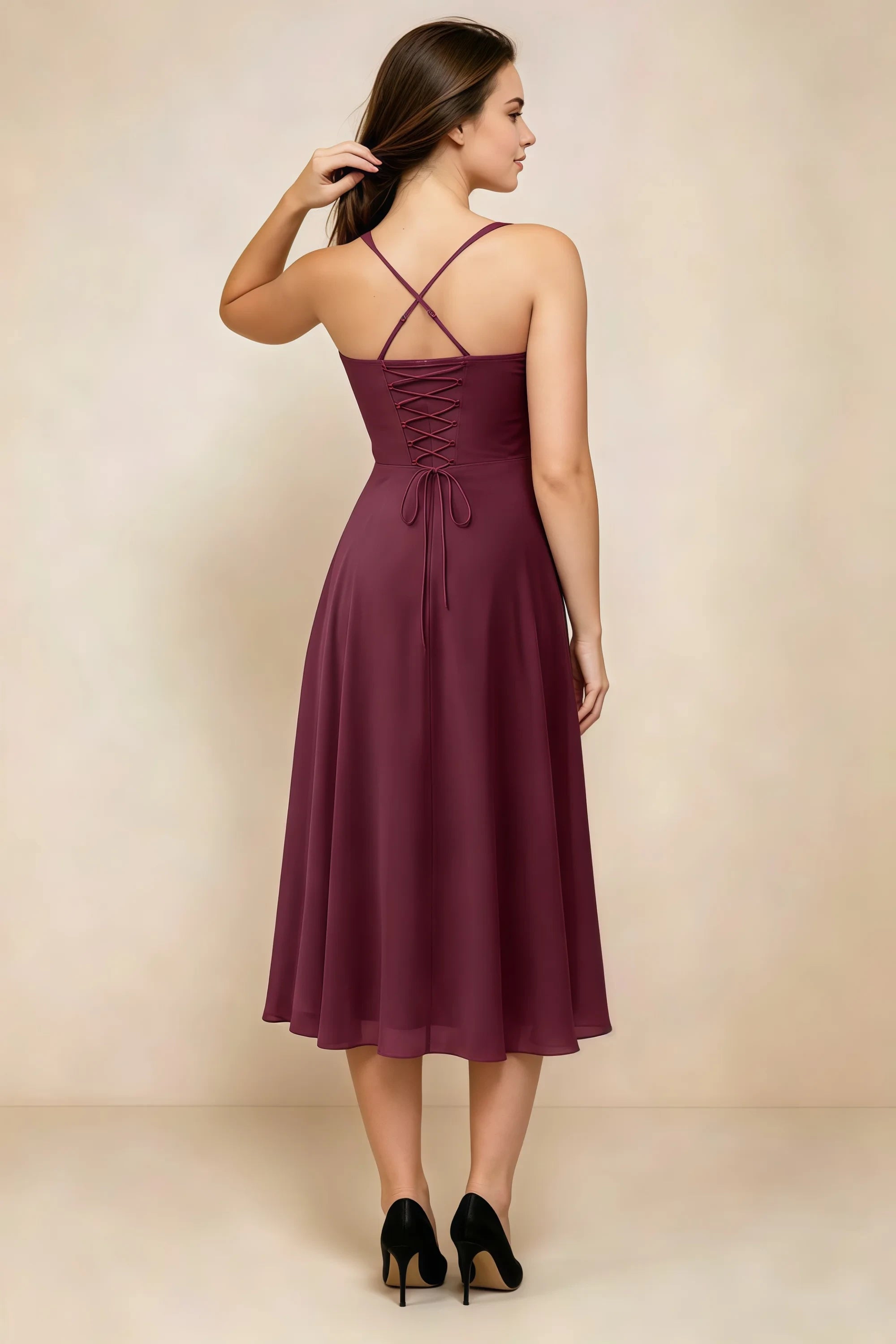 Alessandra Wine Chiffon Sweetheart Lace-Up Midi Dress Secondary image