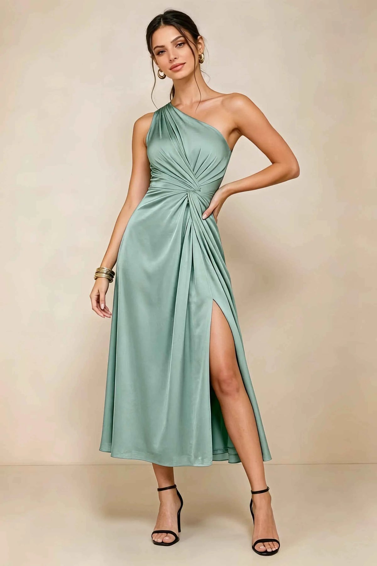 Alexa Agave Satin One Shoulder Midi Dress with Slit Imagen principal del producto