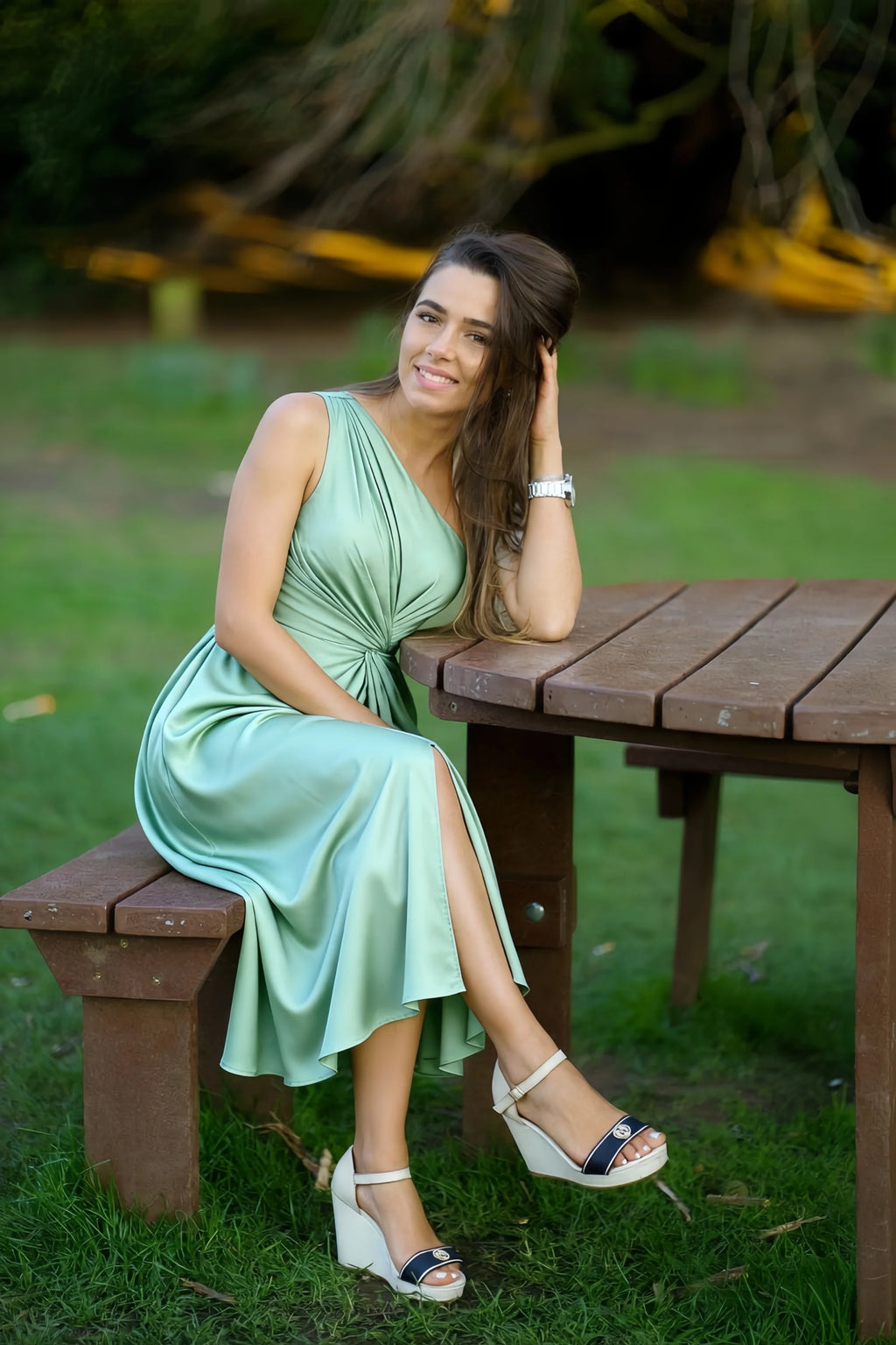 Alexa Agave Satin One Shoulder Midi Dress with Slit