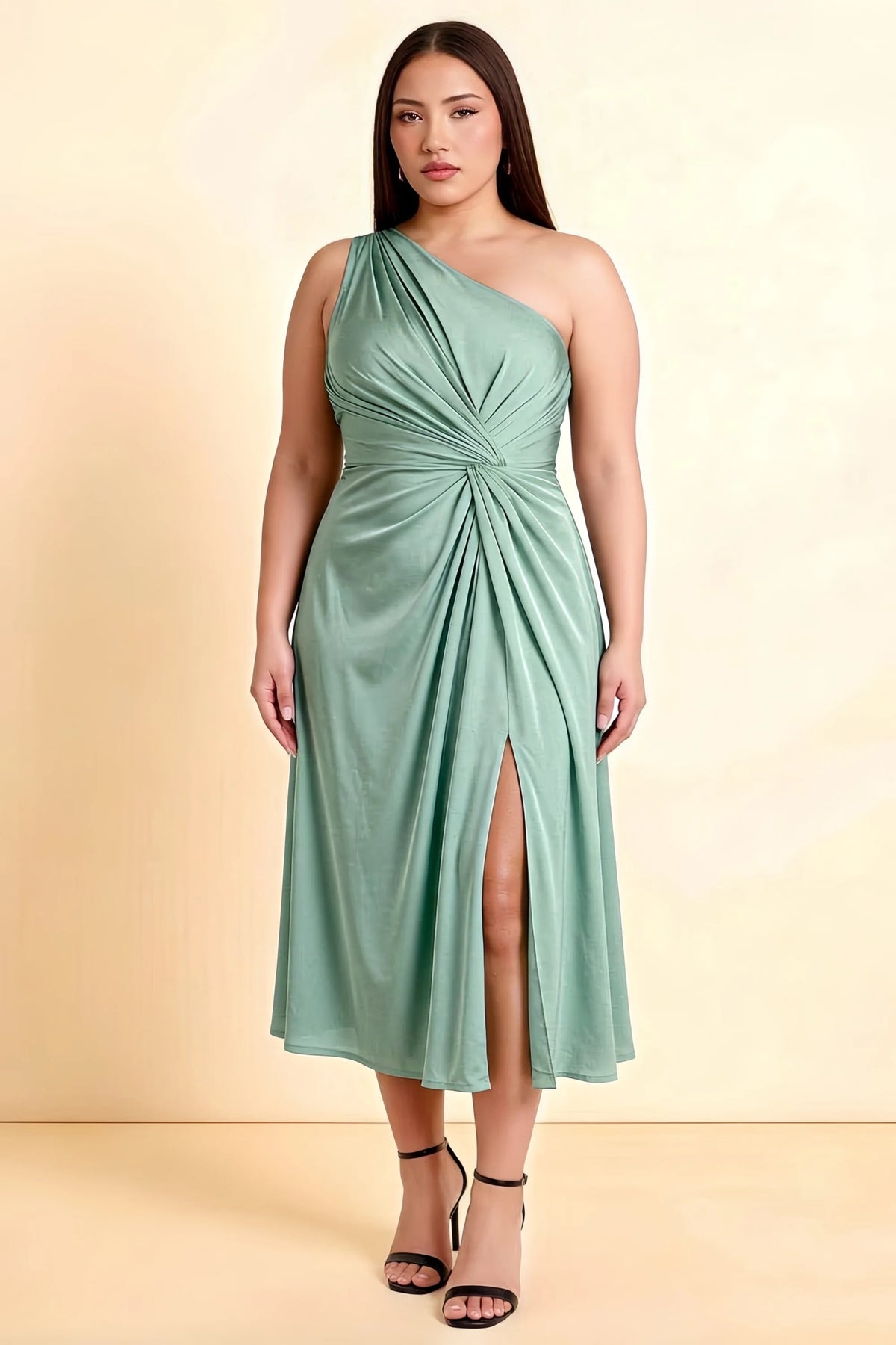 Alexa Agave Satin One Shoulder Midi Dress with Slit