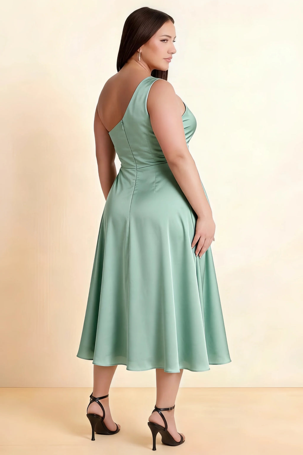 Alexa Agave Satin One Shoulder Midi Dress with Slit