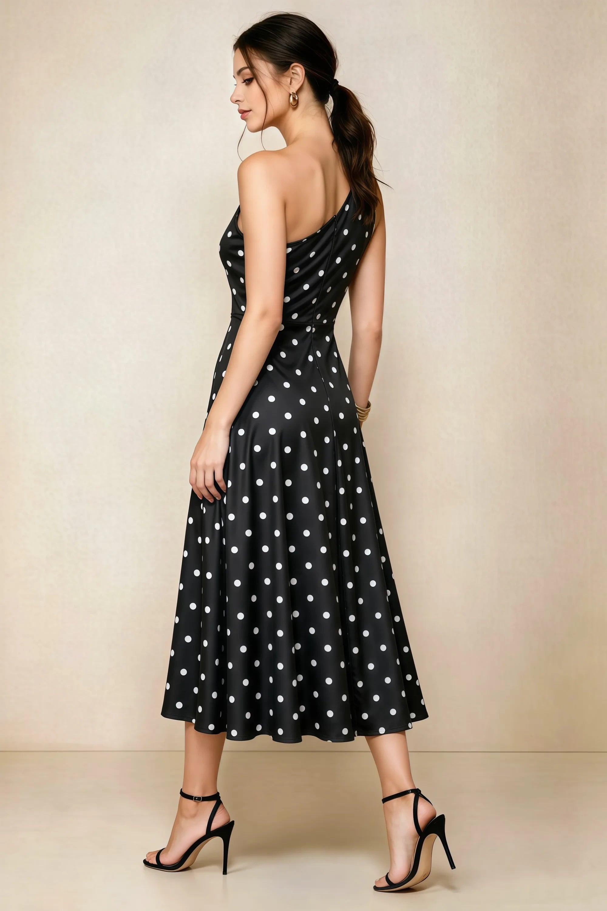 Alexa Black Polka Dot One Shoulder Midi Dress with Slit Secondary image