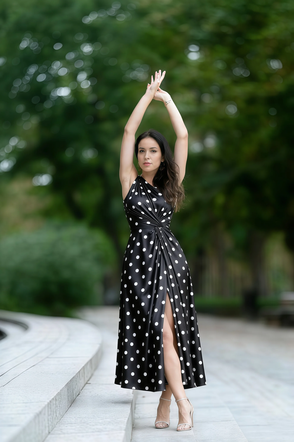 Alexa Black Polka Dot One Shoulder Midi Dress with Slit