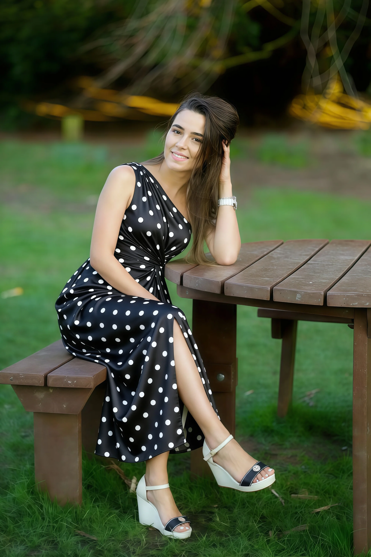 Alexa Black Polka Dot One Shoulder Midi Dress with Slit