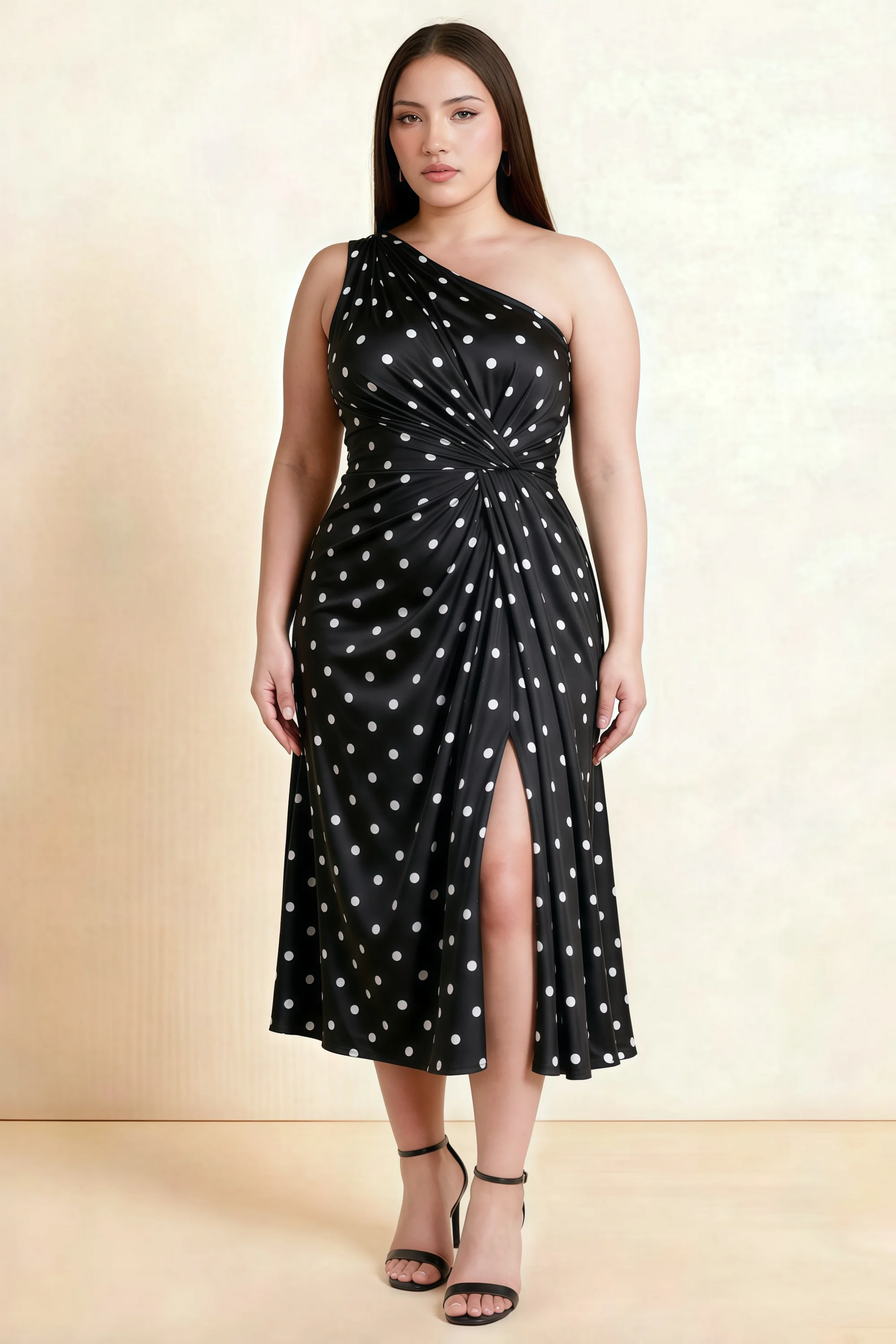 Alexa Black Polka Dot One Shoulder Midi Dress with Slit