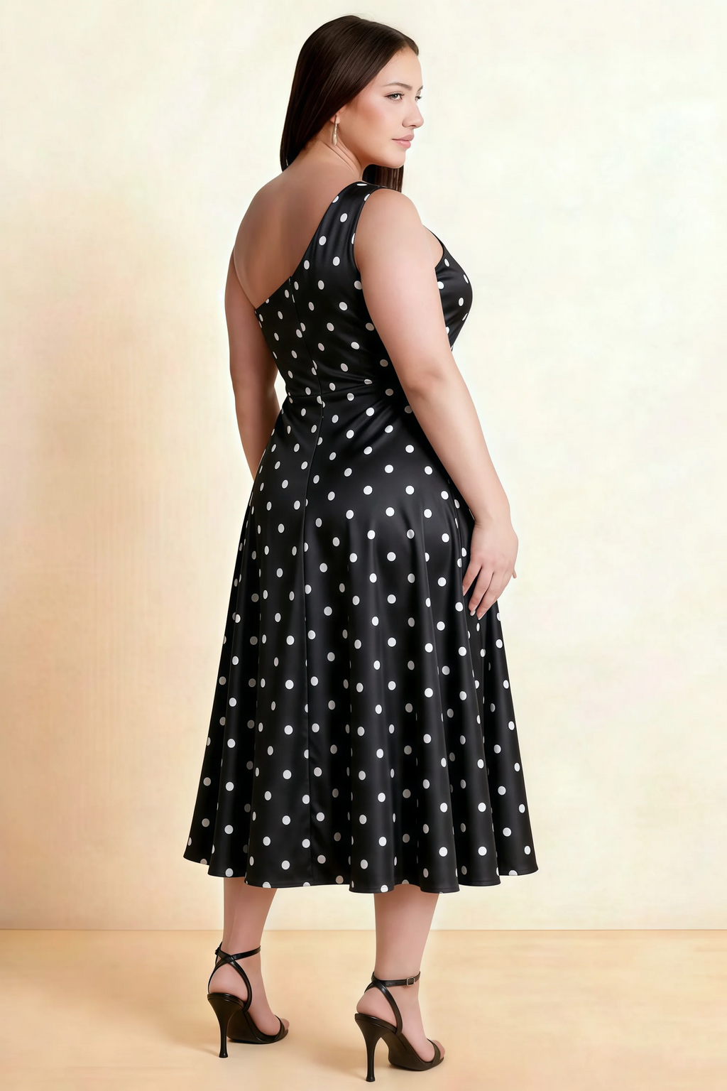 Alexa Black Polka Dot One Shoulder Midi Dress with Slit