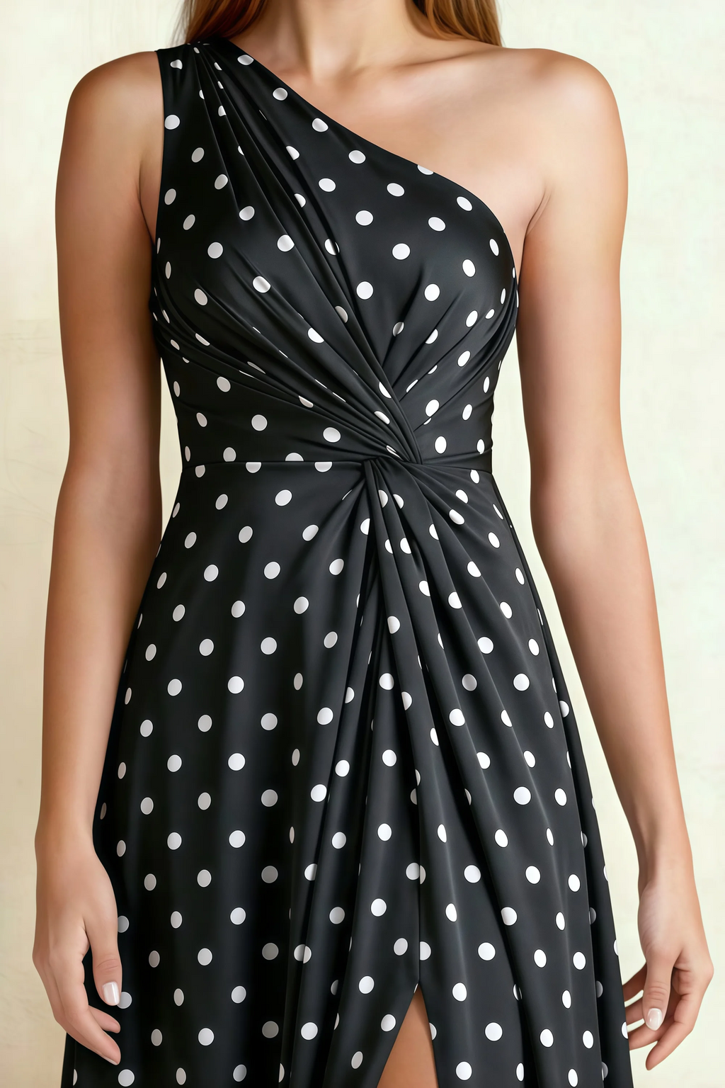 Alexa Black Polka Dot One Shoulder Midi Dress with Slit