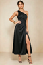 Alexa Black Satin One Shoulder Midi Dress with Slit