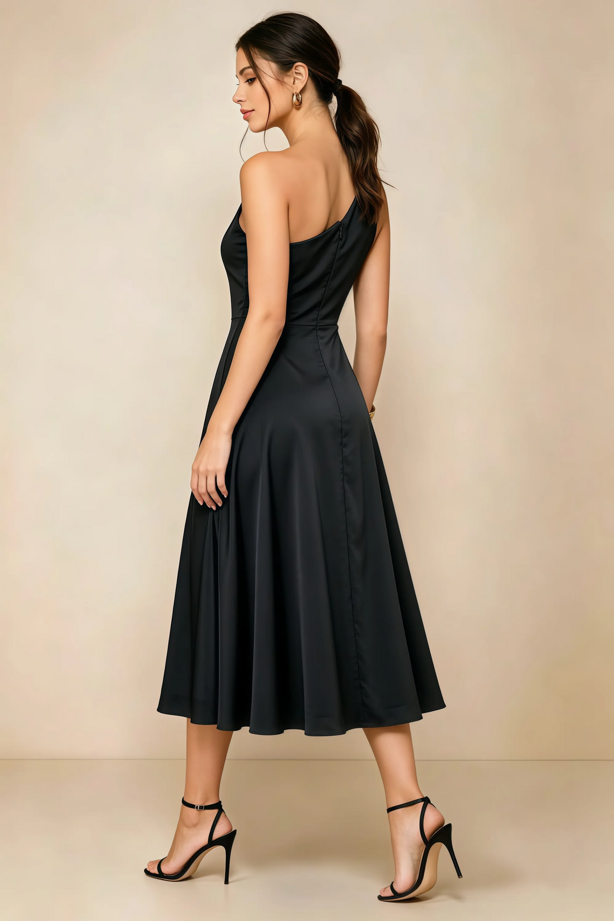 Alexa Black Satin One Shoulder Midi Dress with Slit