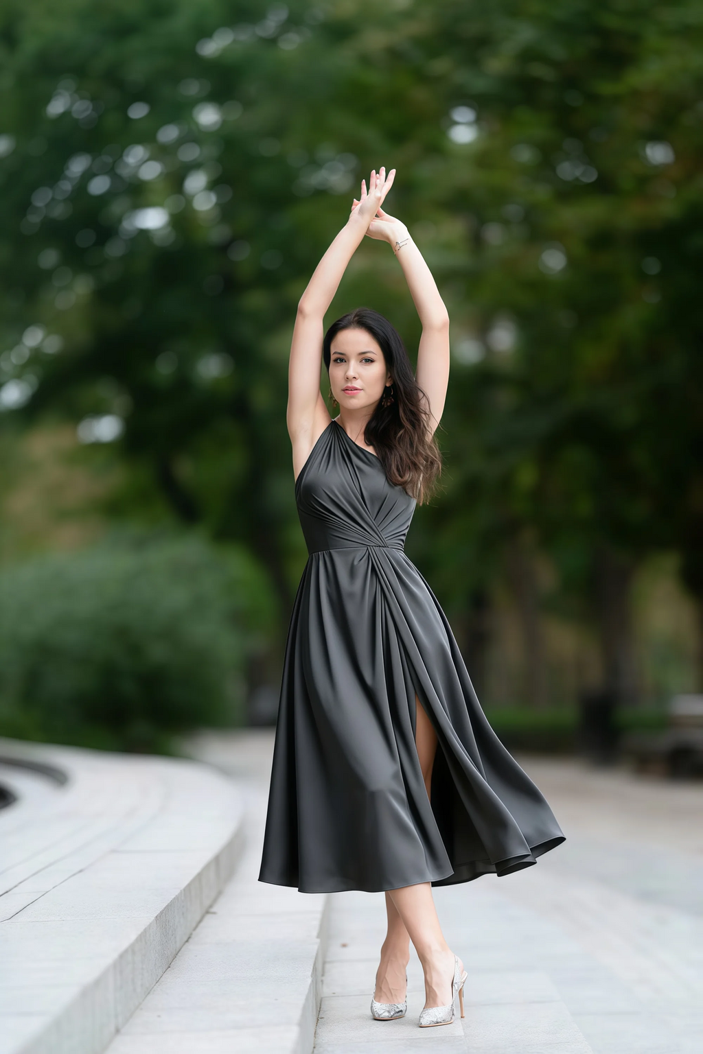 Alexa Black Satin One Shoulder Midi Dress with Slit