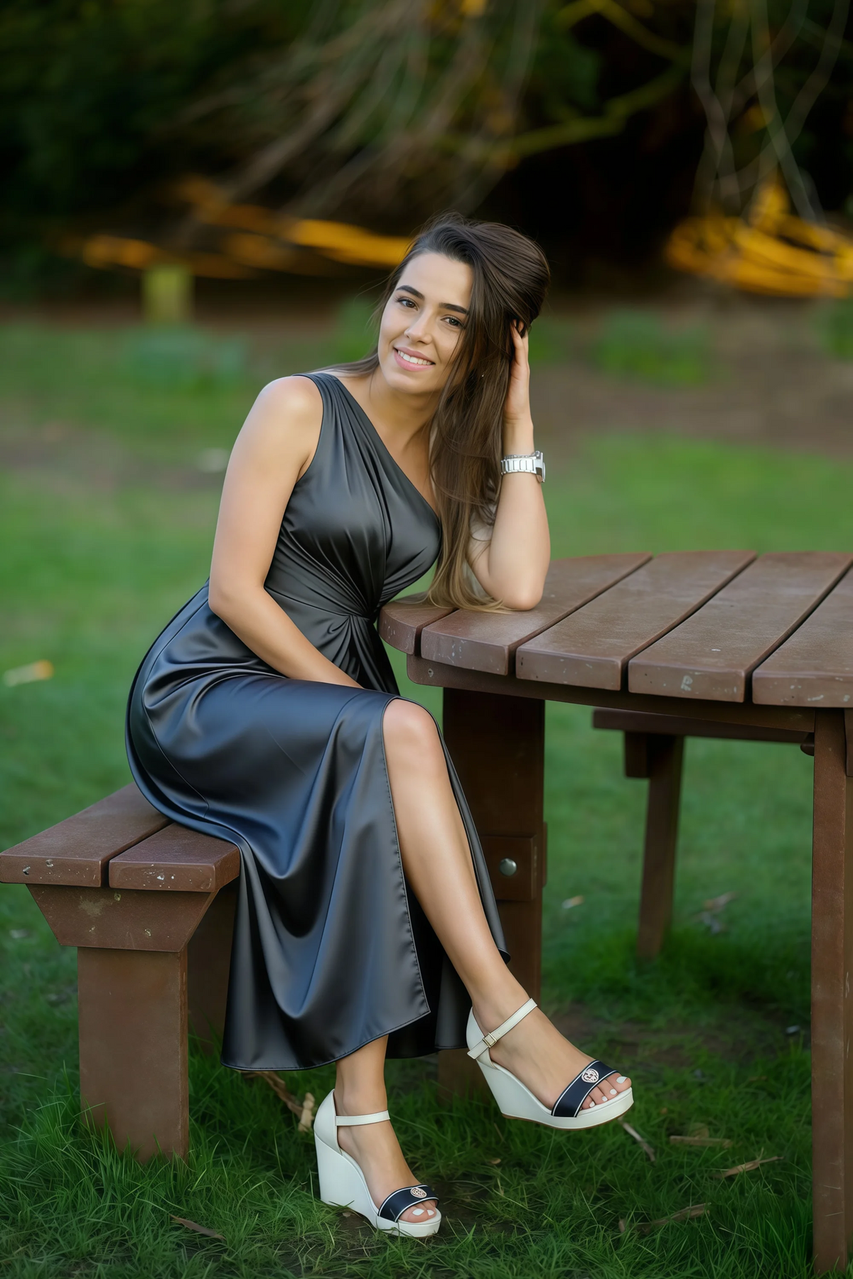 Alexa Black Satin One Shoulder Midi Dress with Slit