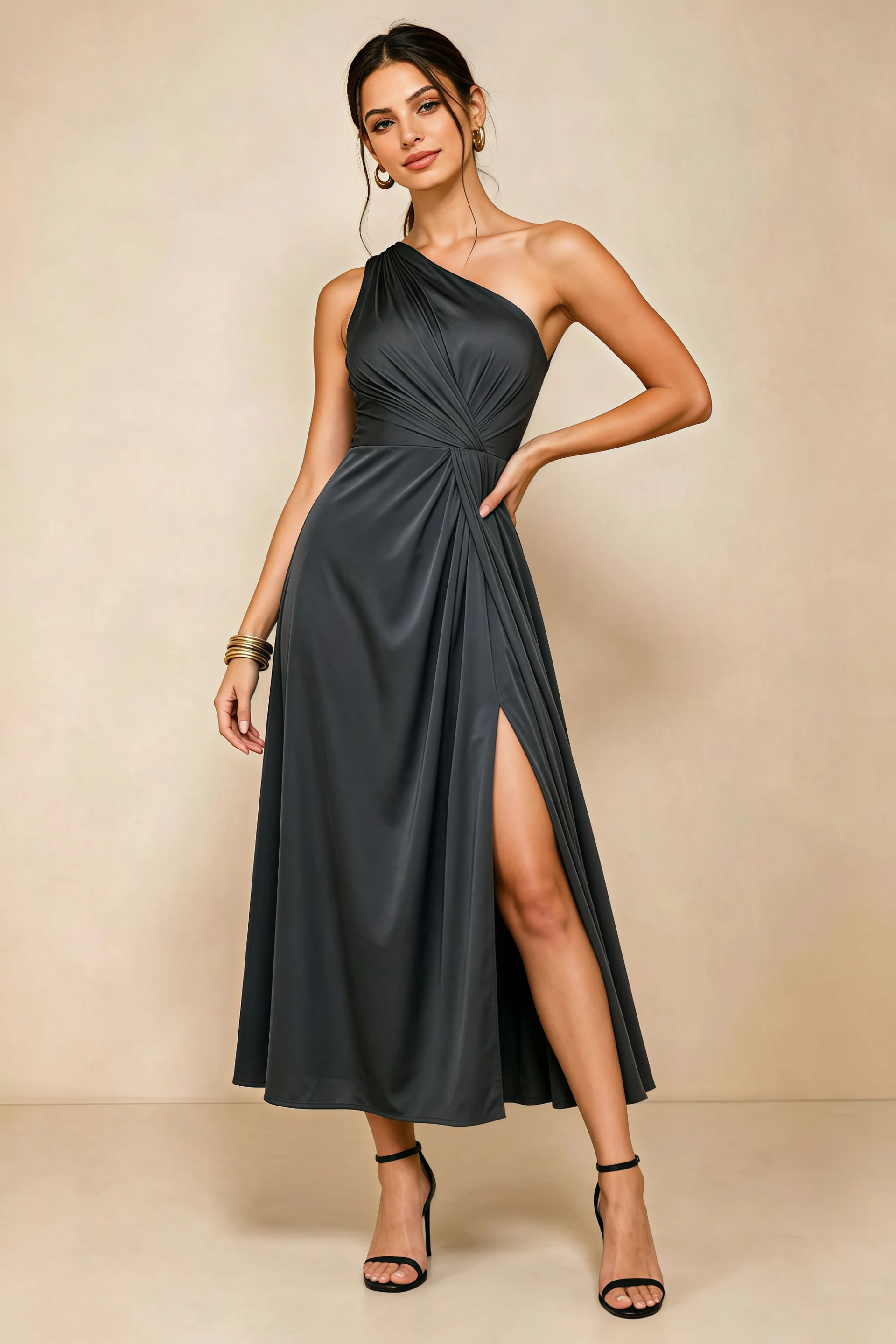 Alexa Black Satin One Shoulder Midi Dress with Slit