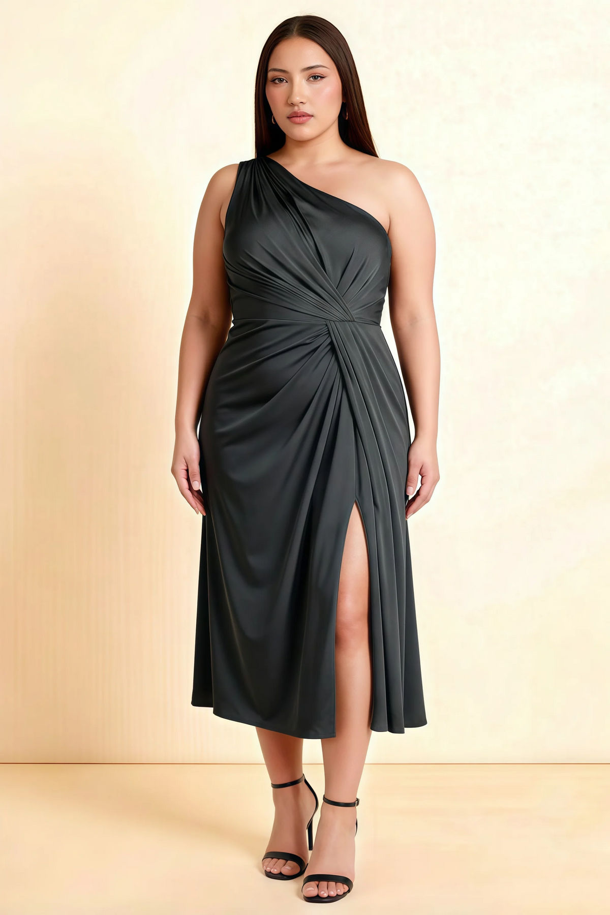 Alexa Black Satin One Shoulder Midi Dress with Slit