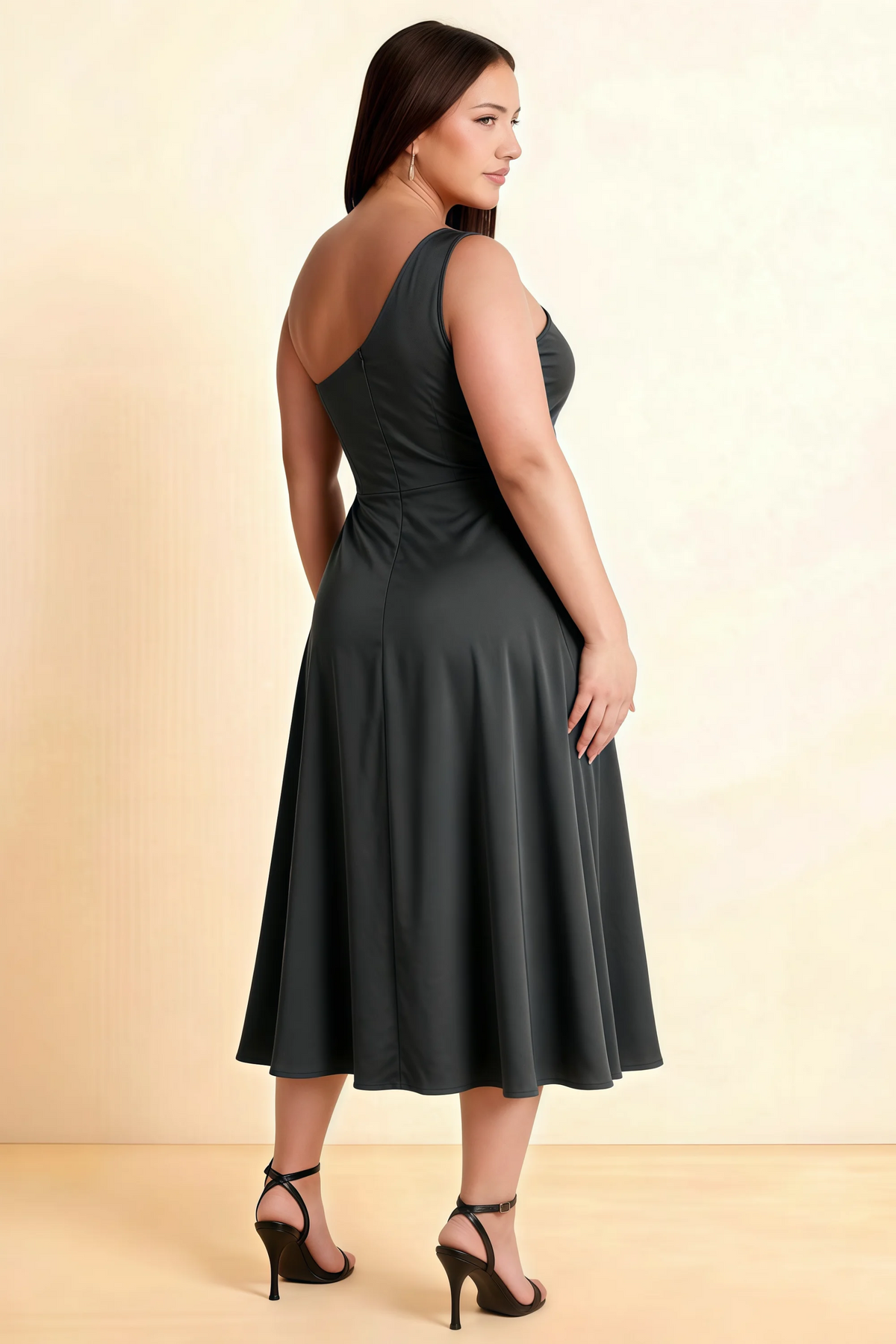 Alexa Black Satin One Shoulder Midi Dress with Slit