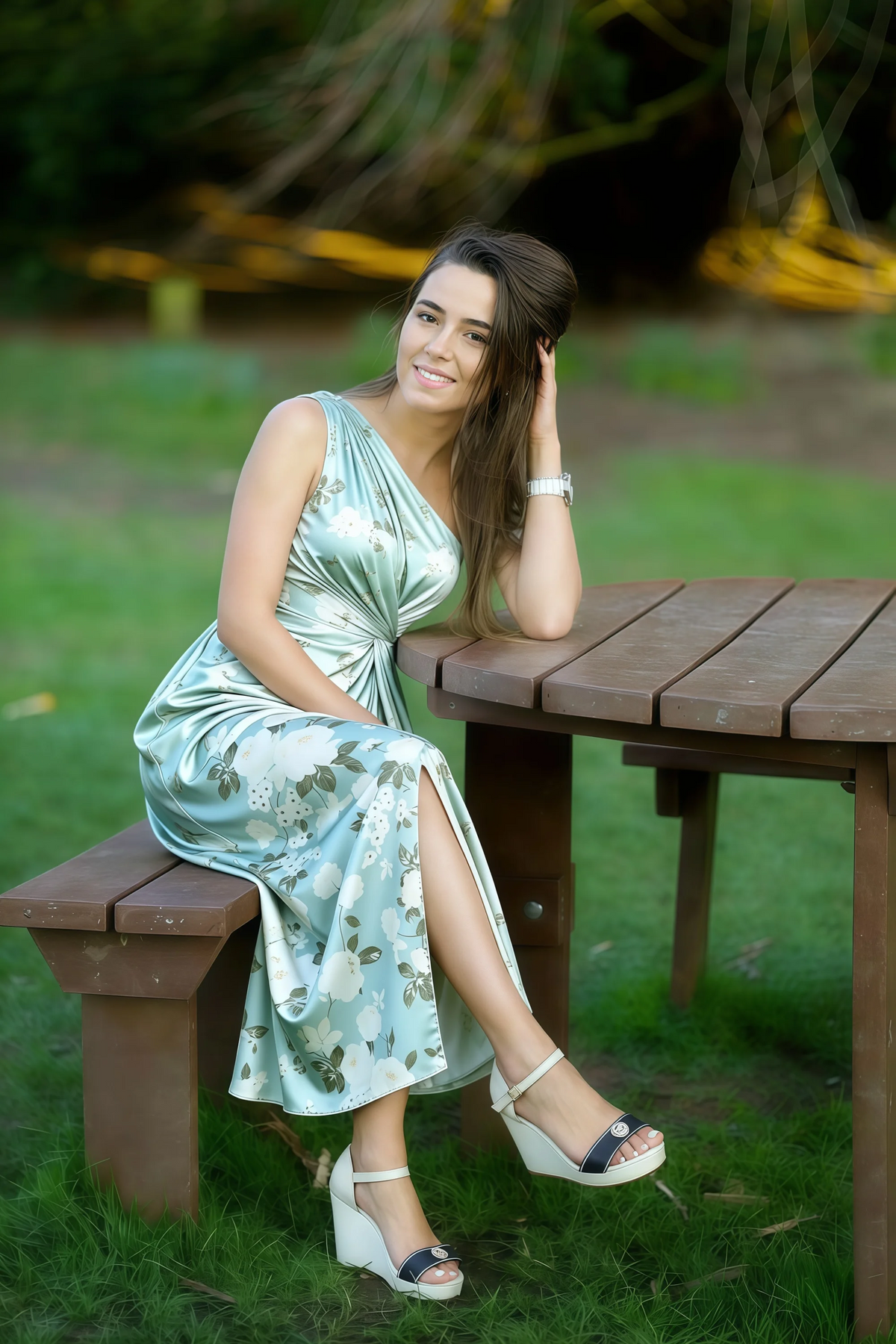 Alexa Blue Floral One Shoulder Midi Dress with Slit