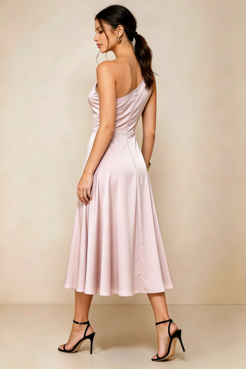 Alexa Blush Satin One Shoulder Midi Dress with Slit