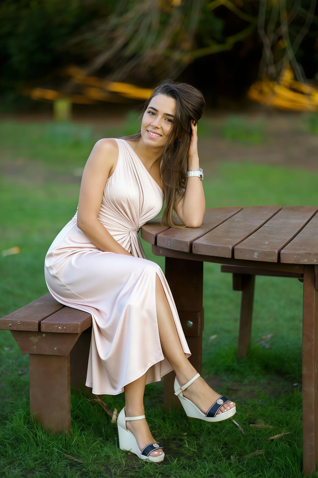 Alexa Blush Satin One Shoulder Midi Dress with Slit