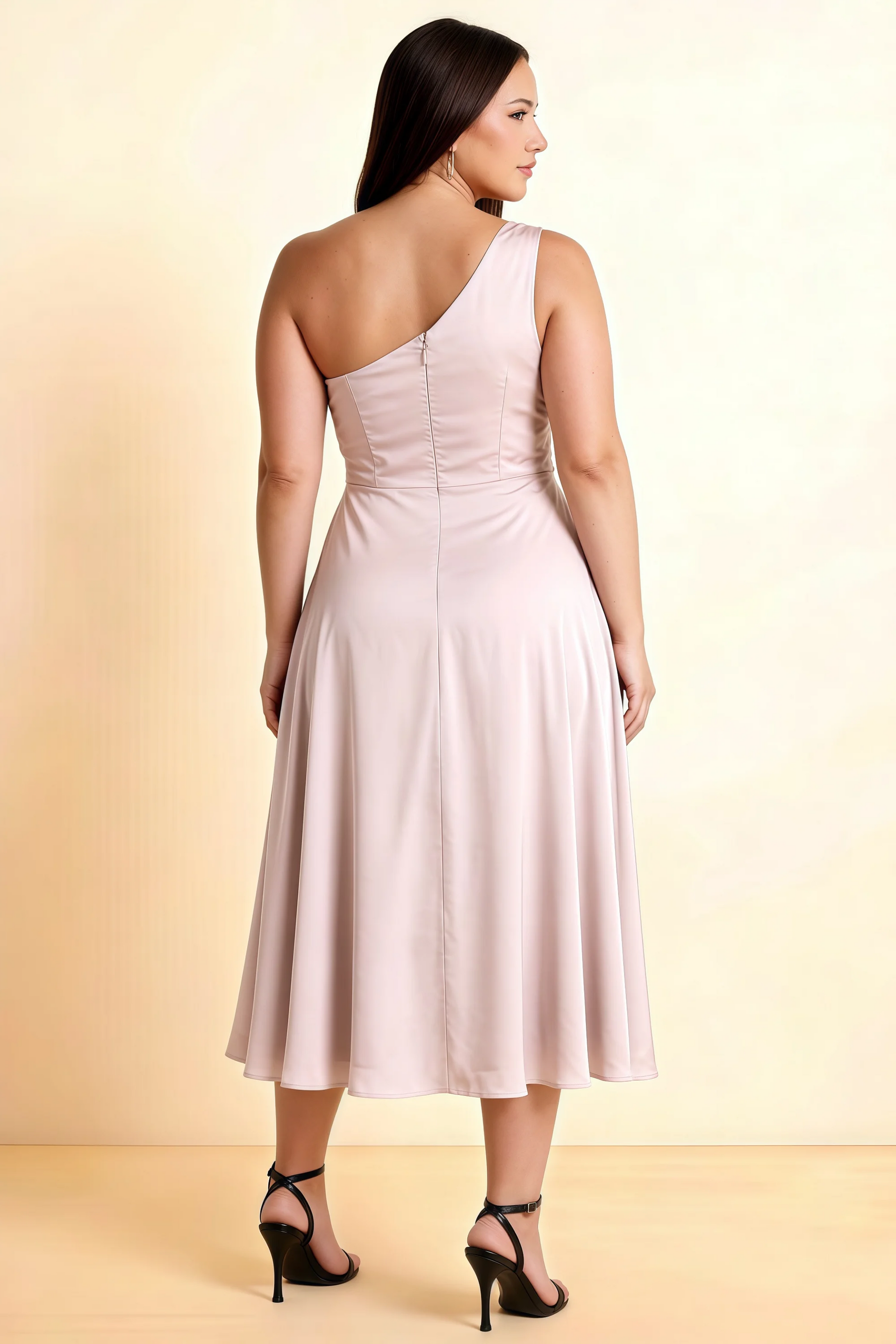 Alexa Blush Satin One Shoulder Midi Dress with Slit