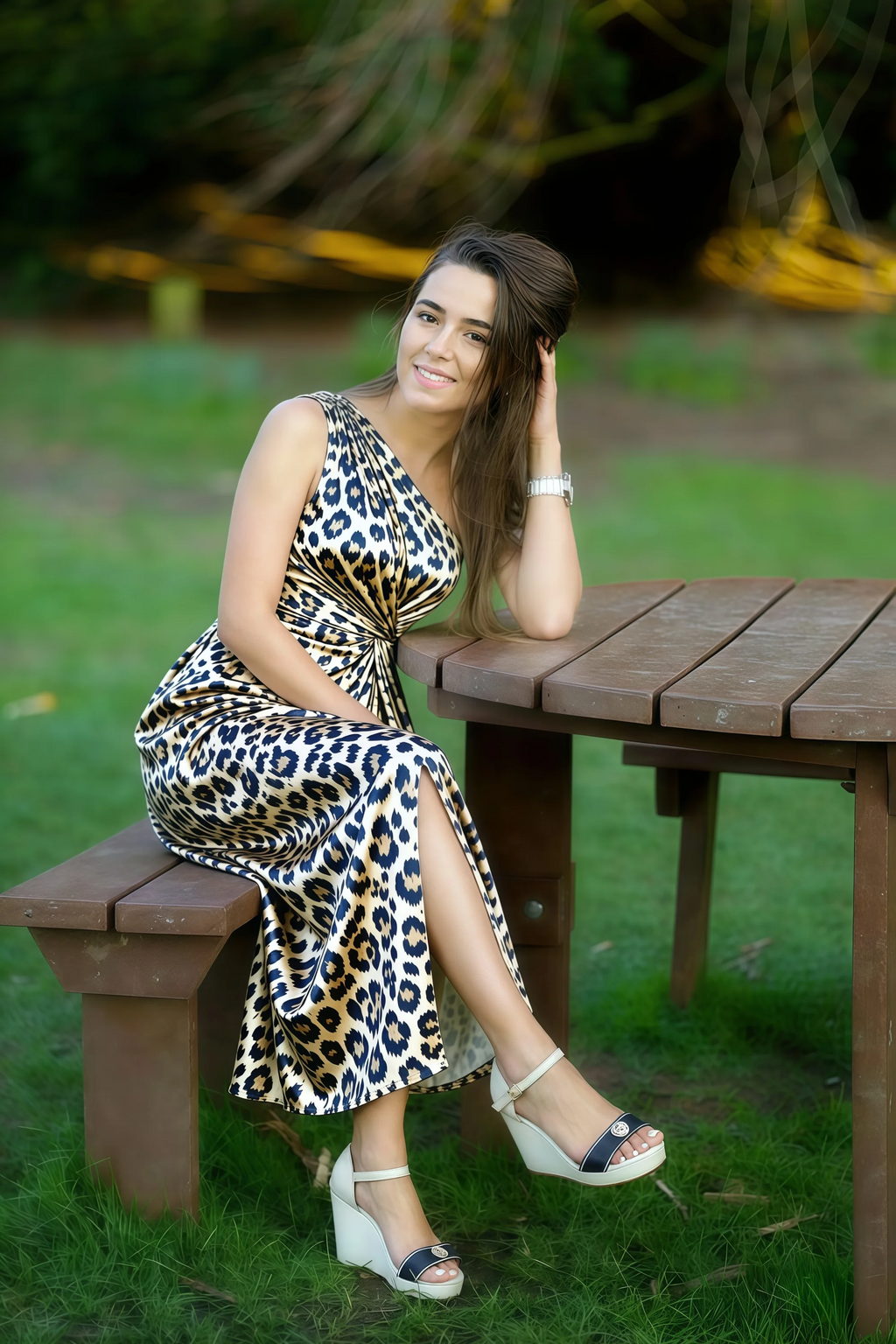 Alexa Brown Leopard Print One Shoulder Midi Dress with Slit