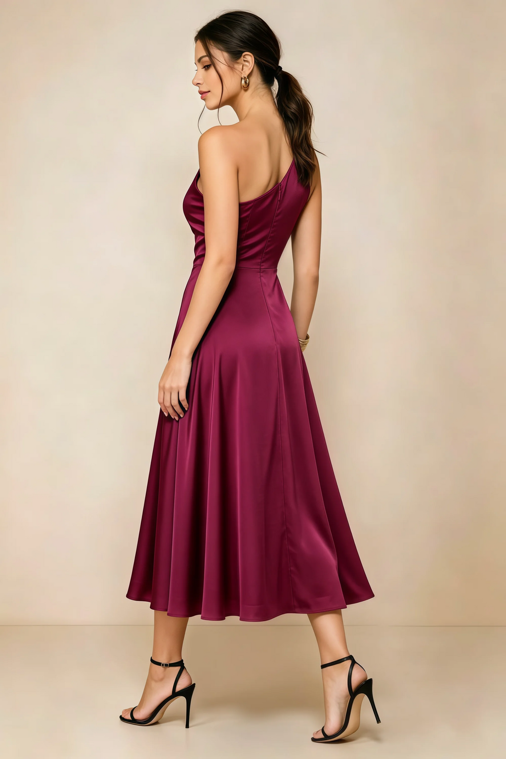 Alexa Burgundy Satin One Shoulder Midi Dress with Slit