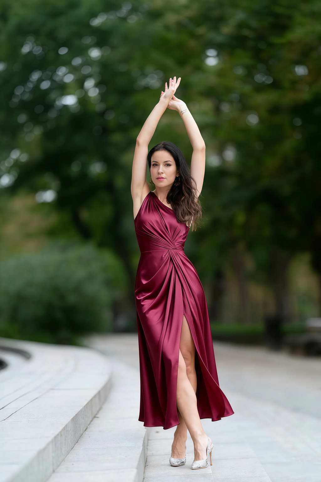 Alexa Burgundy Satin One Shoulder Midi Dress with Slit