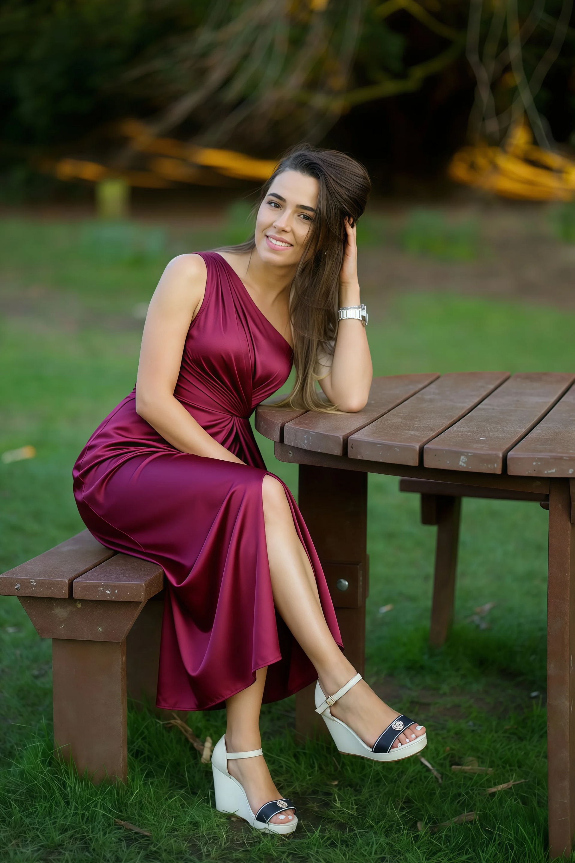 Alexa Burgundy Satin One Shoulder Midi Dress with Slit