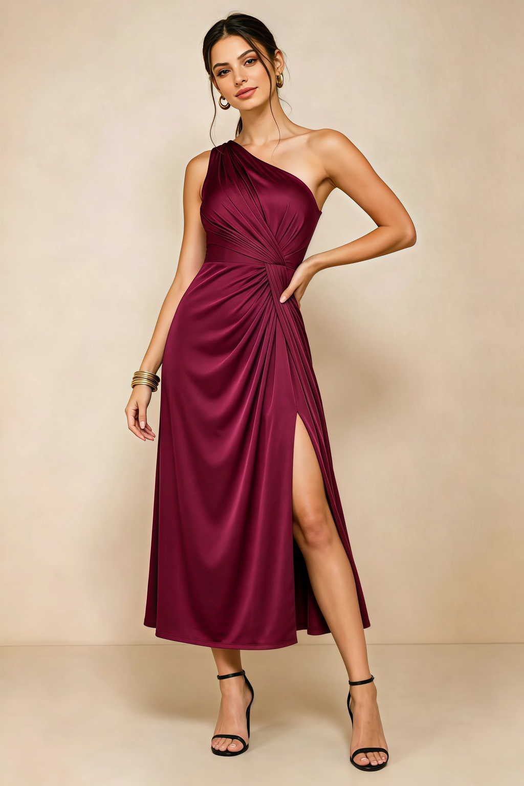 Alexa Burgundy Satin One Shoulder Midi Dress with Slit
