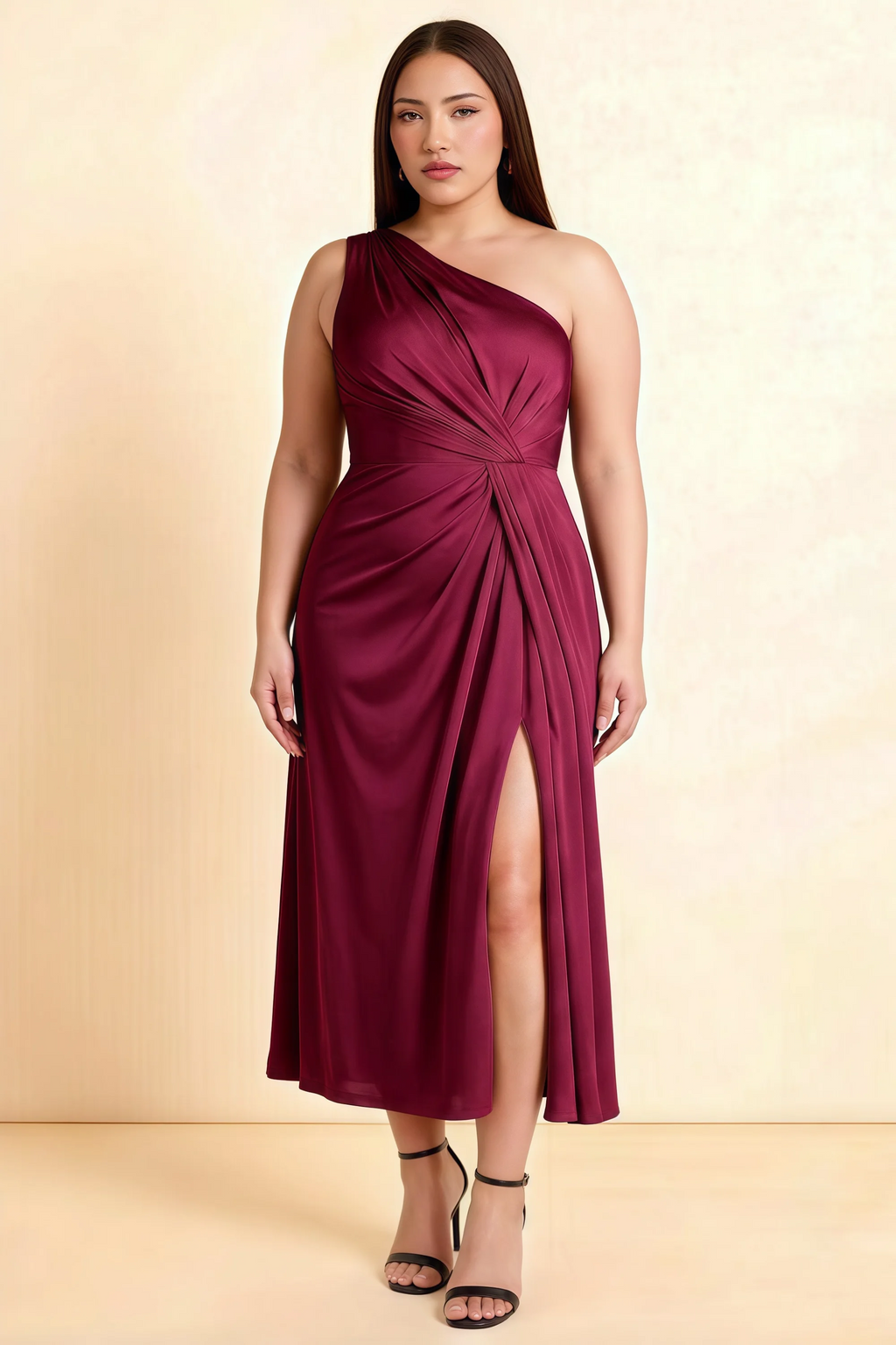 Alexa Burgundy Satin One Shoulder Midi Dress with Slit