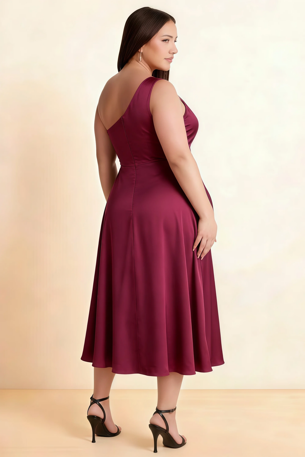 Alexa Burgundy Satin One Shoulder Midi Dress with Slit