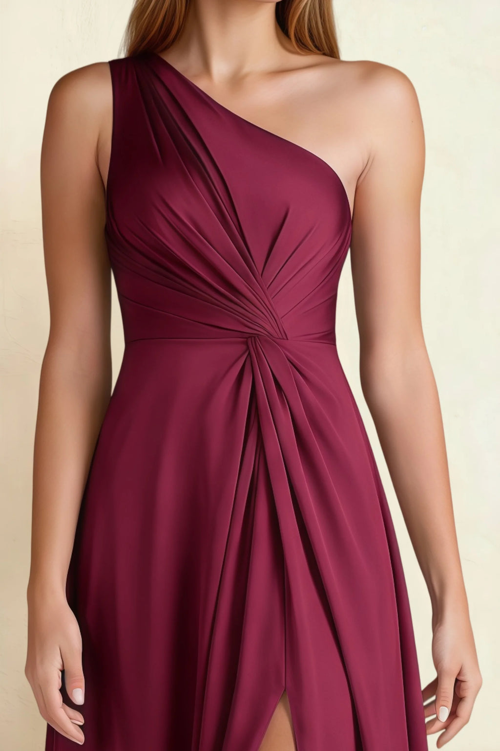 Alexa Burgundy Satin One Shoulder Midi Dress with Slit