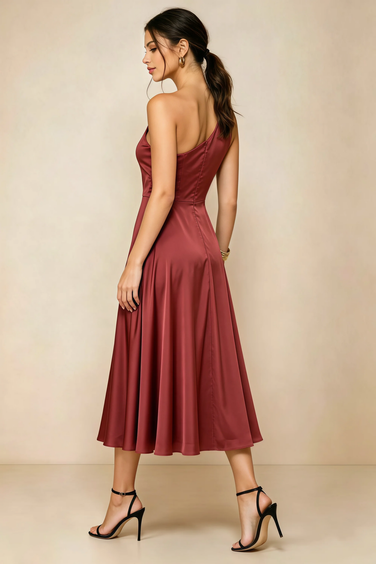 Alexa Burnt Umber Satin One Shoulder Midi Dress with Slit