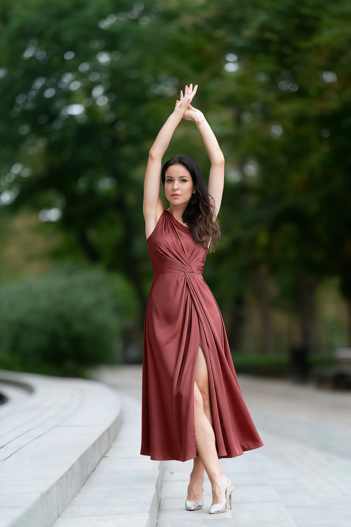 Alexa Burnt Umber Satin One Shoulder Midi Dress with Slit