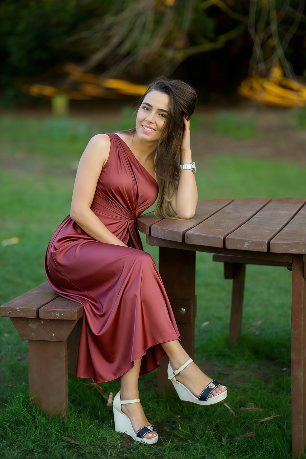 Alexa Burnt Umber Satin One Shoulder Midi Dress with Slit