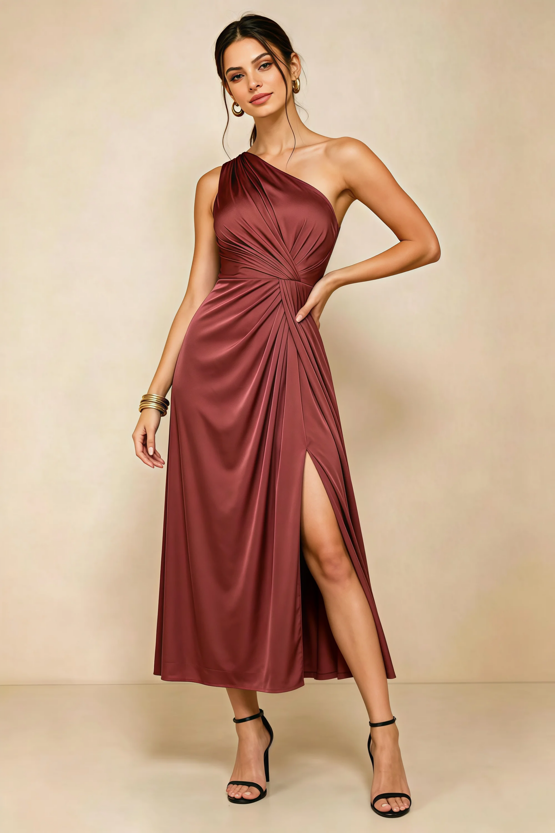 Alexa Burnt Umber Satin One Shoulder Midi Dress with Slit
