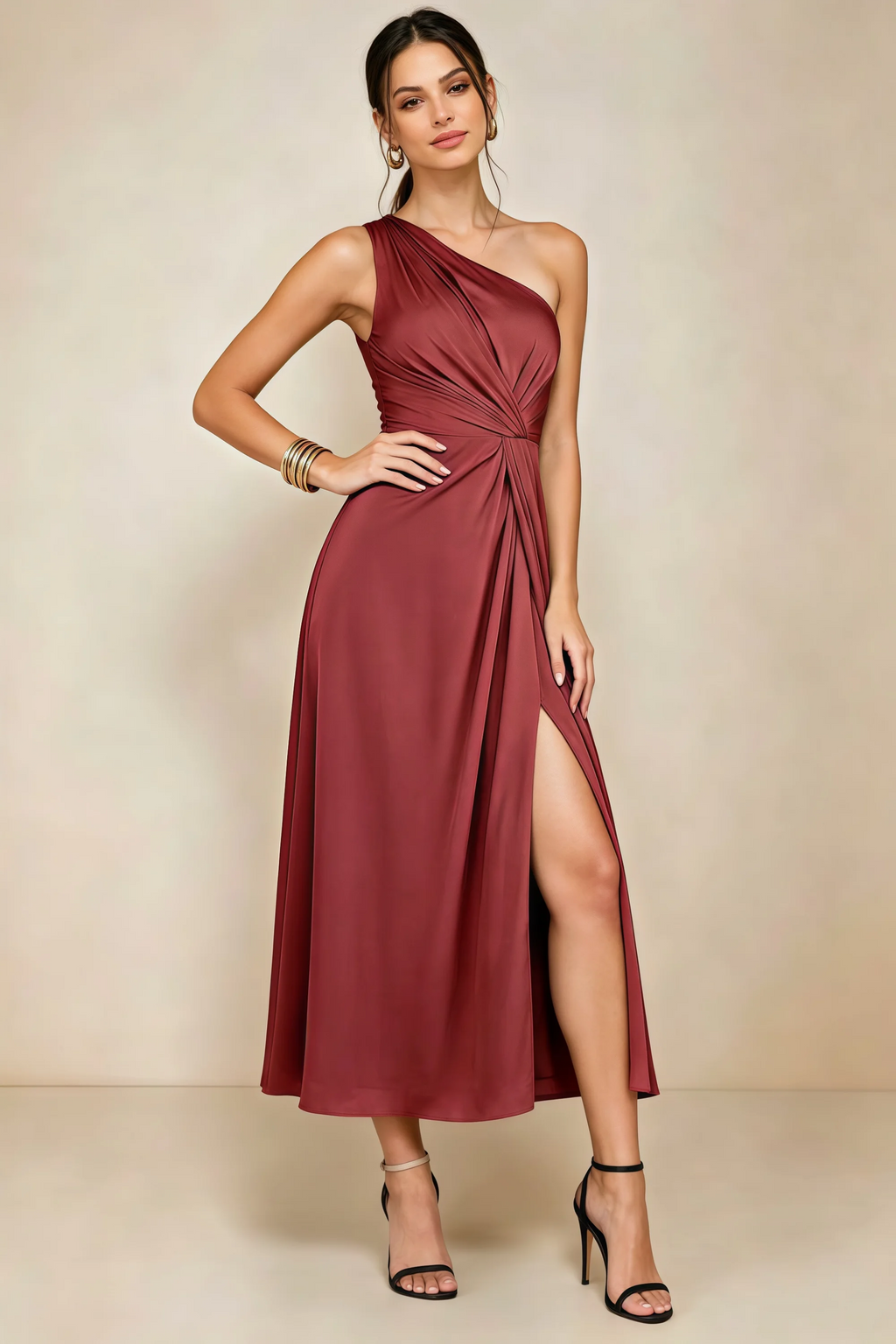 Alexa Burnt Umber Satin One Shoulder Midi Dress with Slit