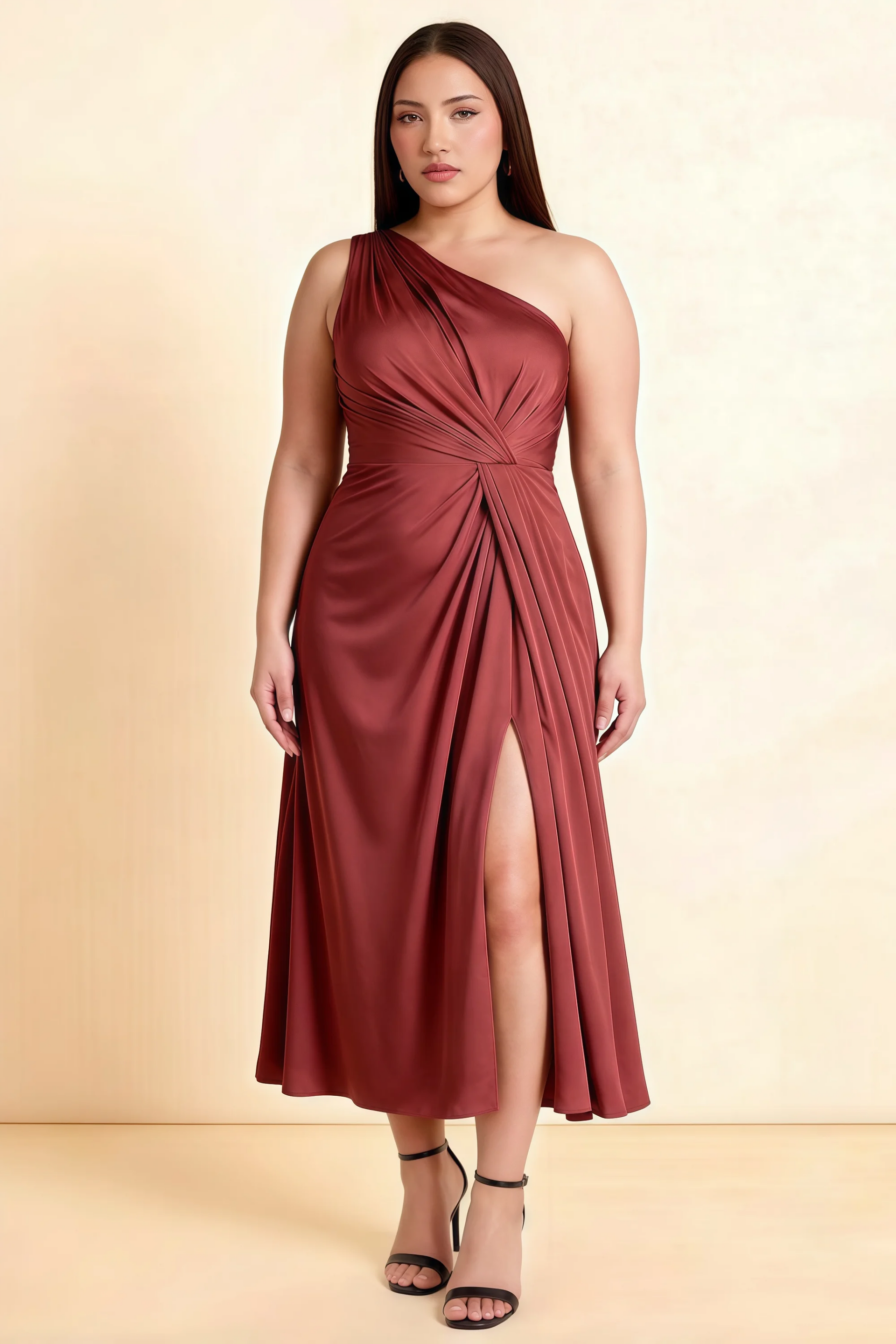 Alexa Burnt Umber Satin One Shoulder Midi Dress with Slit